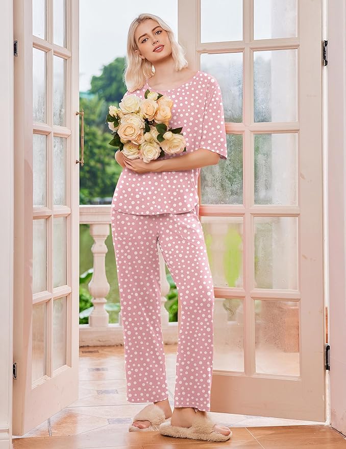 Ekouaer 2 Pack Womens Pajama Sets Short Sleeve Tops and Long Pants Casual Comfy Pjs Lounge Set with Pockets,S-XXL