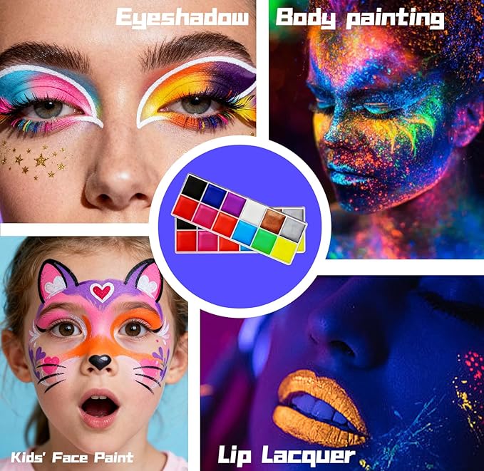 Glow in The Dark Face Body Paint, Glow In The Dark Under UV Black Light Sticks Makeup Neon Face Painting Kits for Adult Halloween Festival Accessory Glow Party Supplies (12 color)