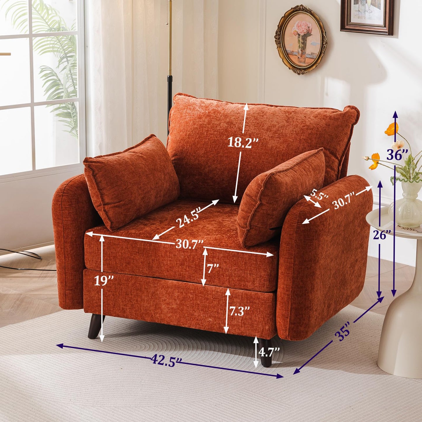 Rexulqo Oversized Accent Chair with All Seats Storage,Comfy Living Room Chairs with 2 Throw Pillow,Upholstered Mid-Century Armchair,24.5'' Deep Seat,Reading Chair for Bedroom,Office,Chenille,Orange