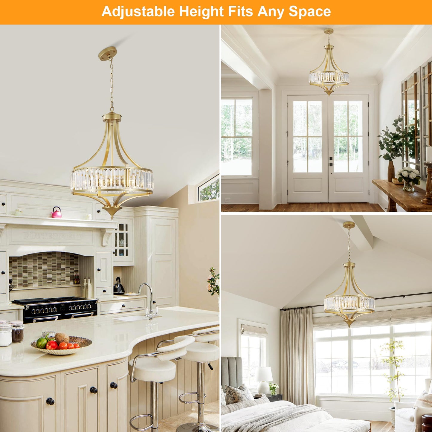 CNRATYE 20" Modern Crystal Chandelier, 5-Light Gold Dinning Room Light Fixtures Over Table, Hanging Round Pendant Chandelier for Kitchen Island Entryway Bedroom Office Bathroom Stairwell