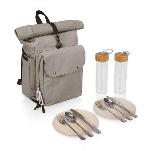 PICNIC TIME Carmel Roll Top Picnic Backpack Cooler with Utensil Set, Canvas Insulated Cooler Backpack Bag for Lunch and Hiking, Beach Cooler Bag, Picnic Bag, (Gray), 14.8 x 5.9 x 22.1