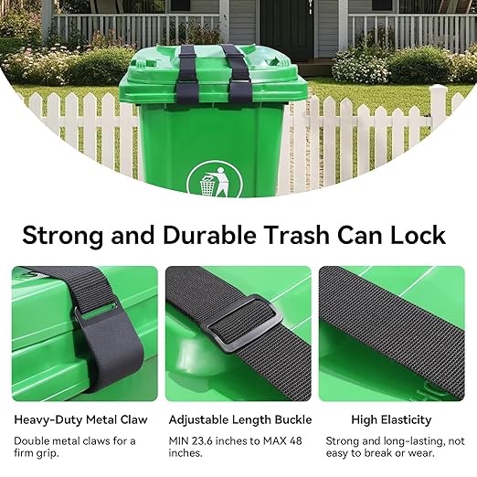 Vitalight 2PCS Trash Can Locks for Animals，Bear Proof Trash Can Locks with Durable Metal Claws, Adjustable Strap Fit for Most Outdoor Garbage Cans (28-96 Gallon)