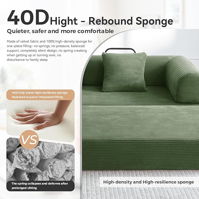 ZQRhome 79" 5-in-1 Convertible Sofa Bed, Premium Sleeper with Reinforced Frame & Plush Corduroy, No Assembly Modular Couch for Lounge, Guest Room & Small Space, Olive Green