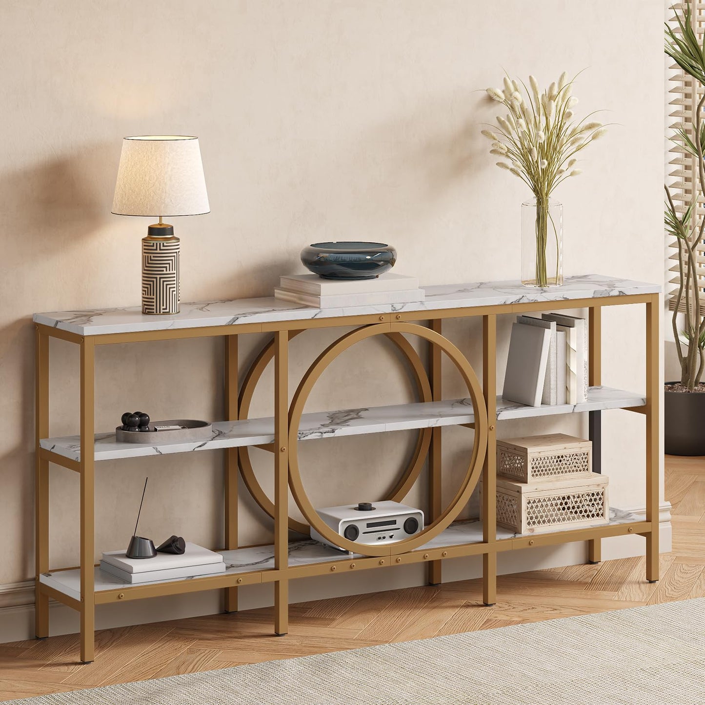 Tarnorci Modern Console Table, 3-Tier Entryway Table with Storage Shelf, 66.9‘’ White Wood Living Room Furniture Bright Decor, Hallway Table for Behind Couch (White+Champagne Gold)