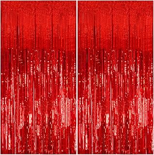 2 Pack Foil Curtain Backdrop Red Metallic Tinsel Foil Fringe Curtains Photo Booth Props for Birthday Wedding Engagement Ba...