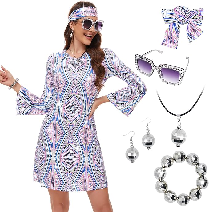 MRYUWB 70s Women Disco Dress Hippie Costumes Necklace Earrings Glasses, 60's 70's Birthday Outfits, 1970s Prom Bling Dress