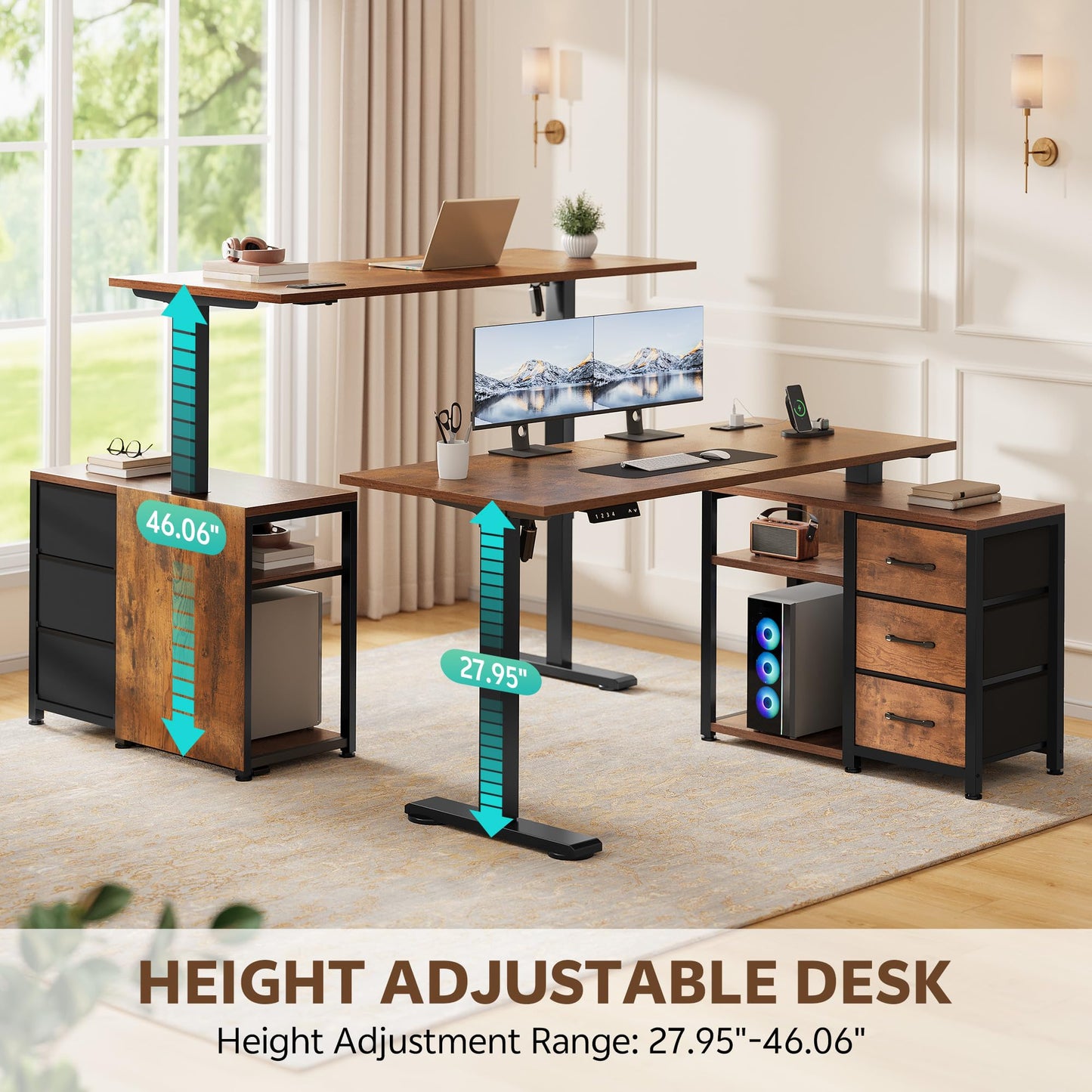 Homiflex 47 Inch L Shaped Desk with 3 Drawers Electric Standing Desks with Storage Computer Table Adjustable Height with Power Outlets 4 Memory Presets for Home Office, Rustic Brown