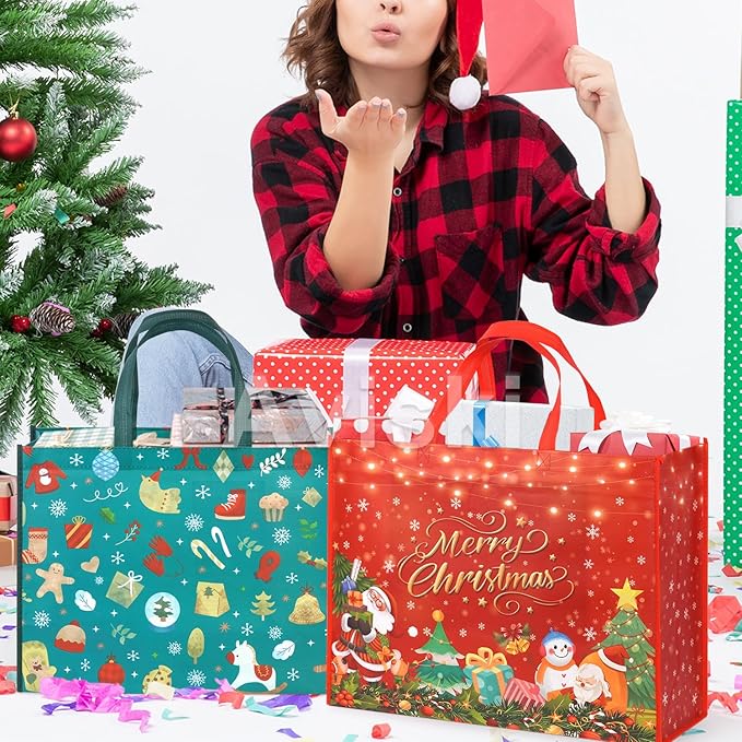 Aviski 2PCS Giant Christmas Gift Bags, Assorted Sizes, Heavy Duty Treat Tote Grocery Bags with Handles, Sewing Non-Woven Jumbo Bags for Gifts Wrapping Shopping, Xmas Party Supplies