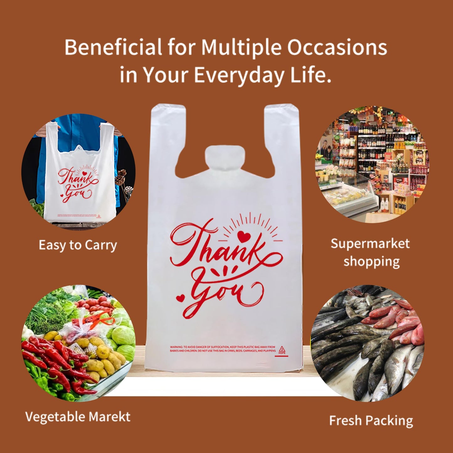 TGEONIX 300 Pack Upgraded White Thank You T-Shirt Bags - 11.5"x6.5"x21" Reusable Grocery Bags with Handles, Eco-Friendly Retail Packaging for Supermarket & Small Business