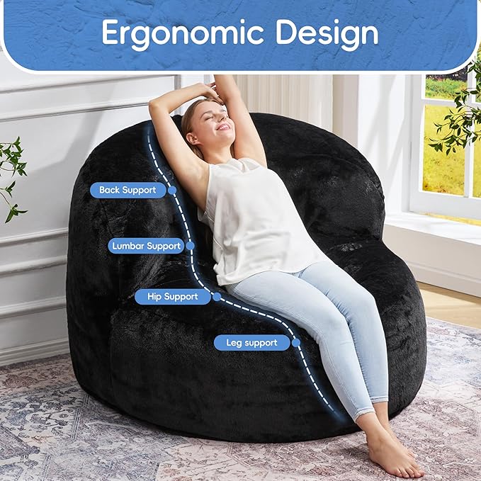Hobestluk Bean Bag Chair Giant Bean Bag Chairs for Adults Big Bean Bag Chair with Memory Foam Filler Adults Large Beanbag with Faux Fur Cover for Bedroom(Plush Black,Oversize)
