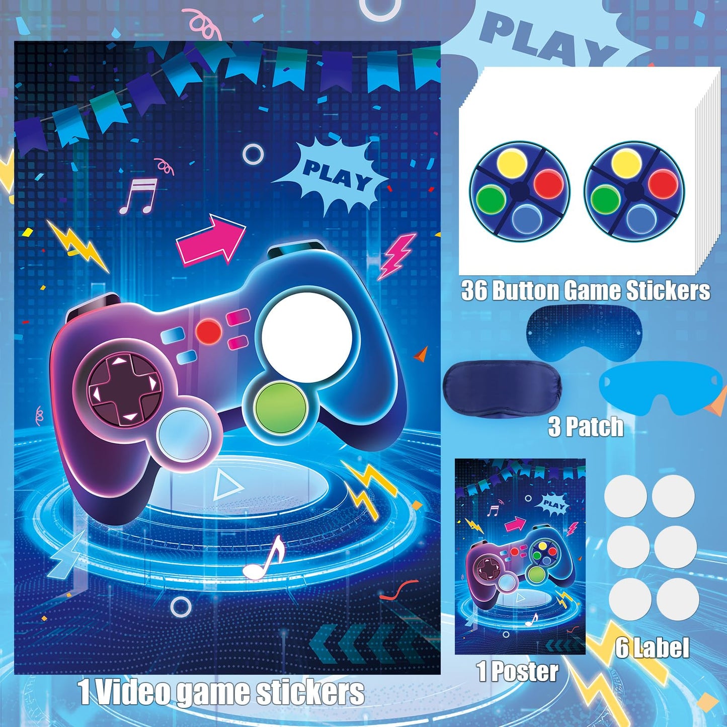 Hooqict Pin The Button on The Video Game Birthday Party Games for Kids - Large Poster with 36 Button Stickers - Party Decorations and Supplies