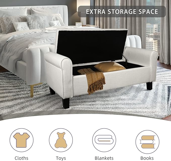 Babion Storage Bench for Bedroom End of Bed, Button Linen Fabric Storage Ottoman Bench 51 Inch, End of Bed Storage Bench with Upholstered, Rolled Arm Window Bench Seat with Solid Wood Legs, Beige