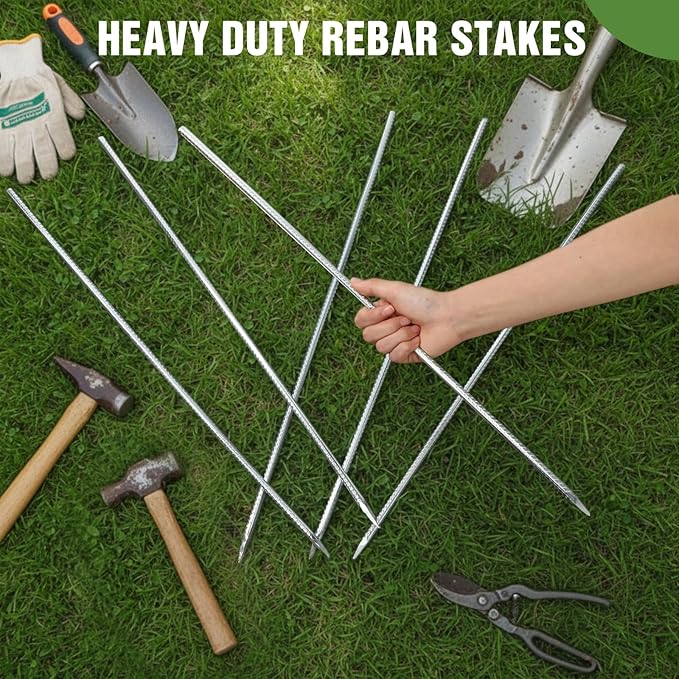 Gisafai 50 Pcs 12 Inch Ground Rebar Stakes Heavy Duty Ground Anchors Steel Plant Support Garden Stake Long Straight Metal Spikes with Chisel Point End for Concrete Timber Garden Plant Tent