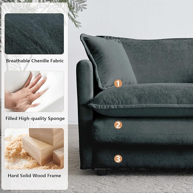 mikibama Luxury Modular Sectional Sofa, 146.5" Modern Chenille Comfy Cloud Couches for Living Room Office, 4 Seater Deep Sofa with 2 Armrest Pillows and 4 Toss Pillows, Grey