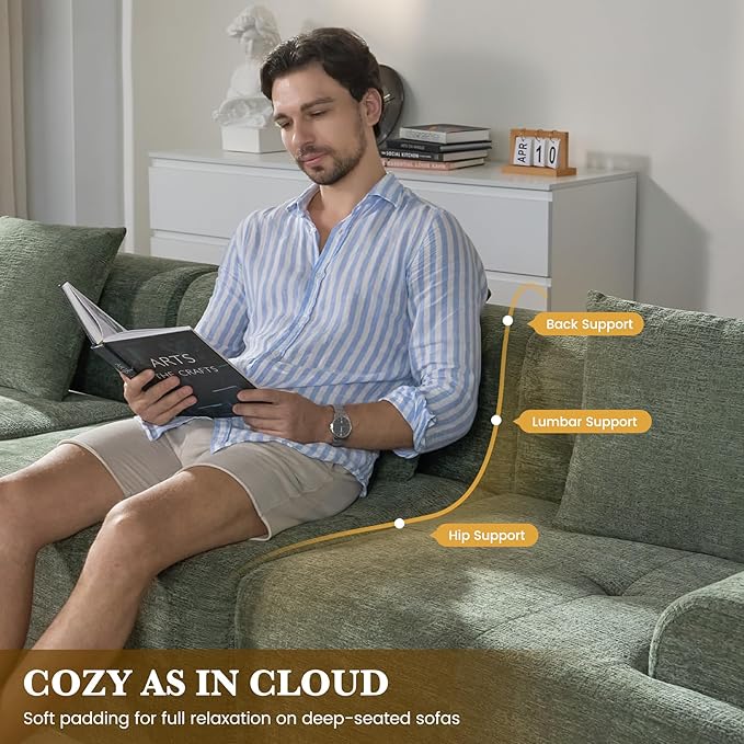 122" L Shaped Convertible Modular Couch, Cloud Couch Sectional with Ottoman, 4-Seater Chenille Boneless Couches for Living Room, Apartment, No Assembly, Green 1PCS