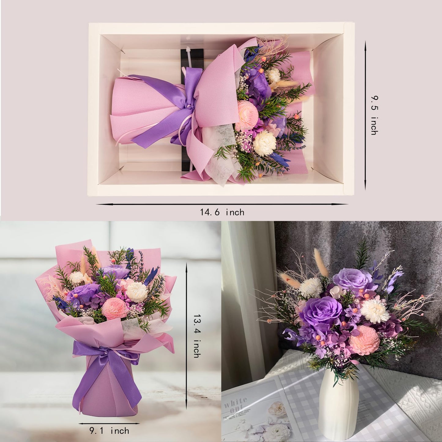 HUACHIPLUS Natural Eternal Flowers Gift: Preserved Flowers Bouquet, Anniversary, Birthday, Mom Gifts for her-Flowers for Delivery Prime-Purple Forever flower arrangement (Lilac)