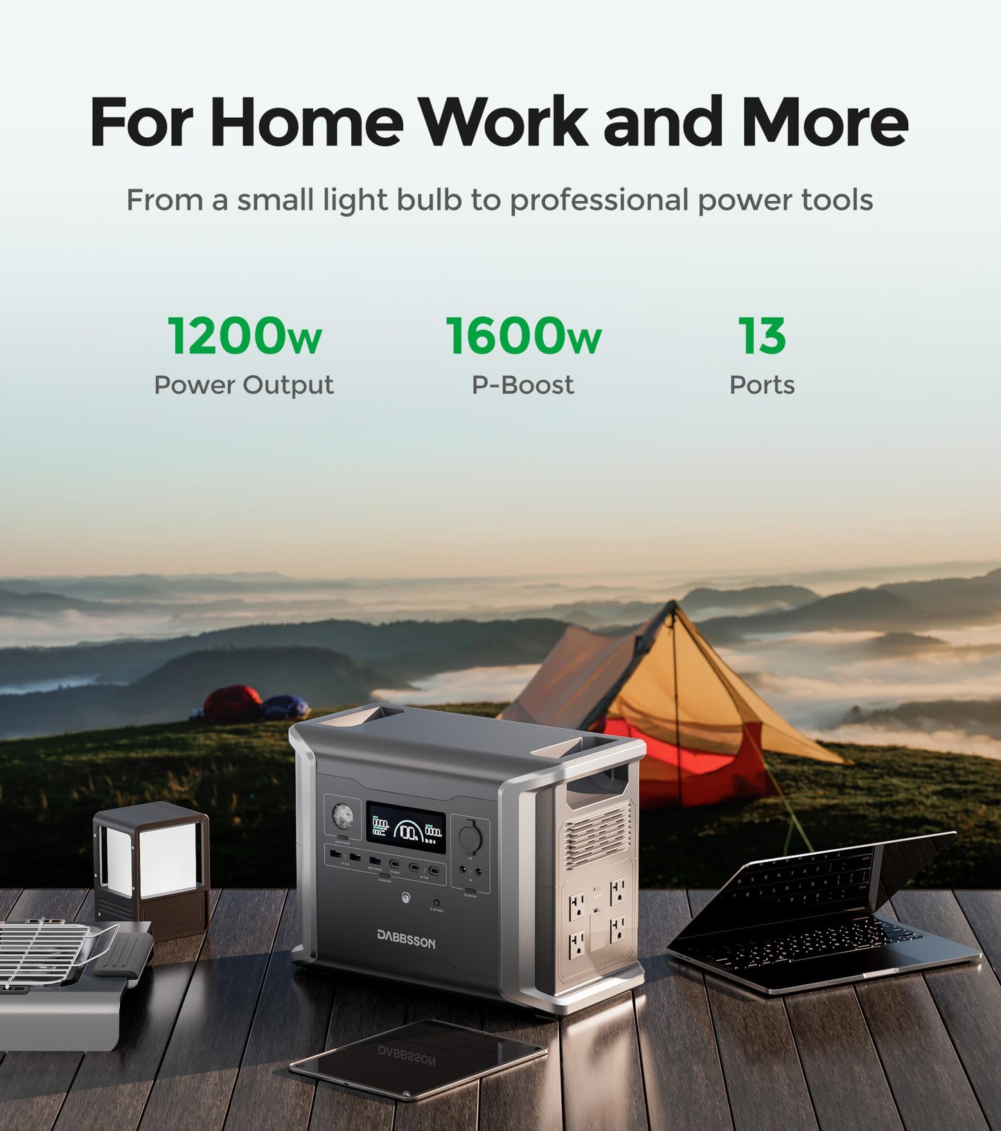 Dabbsson Portable Power Station Dbs1300, 1330Wh Solar Generator With 4X1200W Ac Outlets, Ev Semi-Solid State Lifepo4 Battery, So