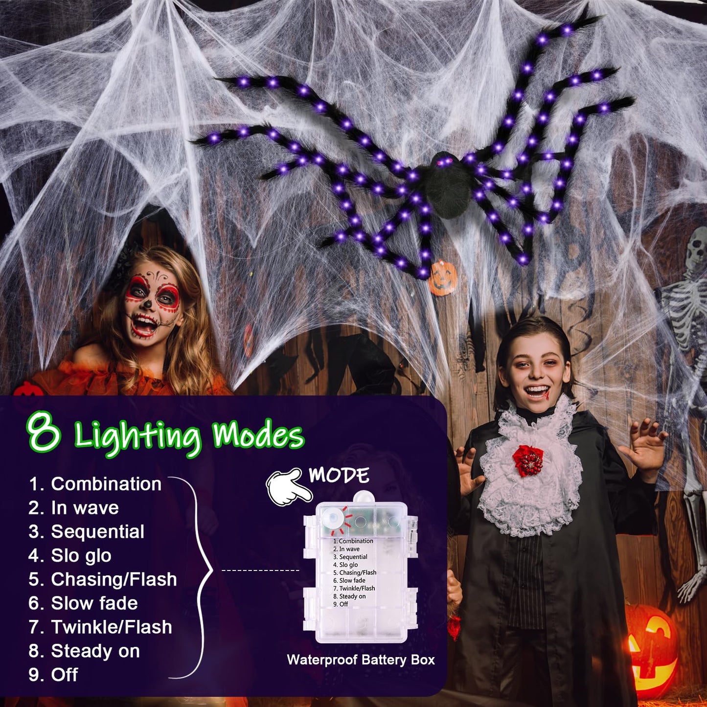 Yinhua Lighted Halloween Decorations 78" Giant Light Up Spider Halloween Decor 700 Sqft Super Stretchy Spider Web Decoration with 30 Extra Small Fake Spiders Large Cobwebs for Indoor and Outdoor