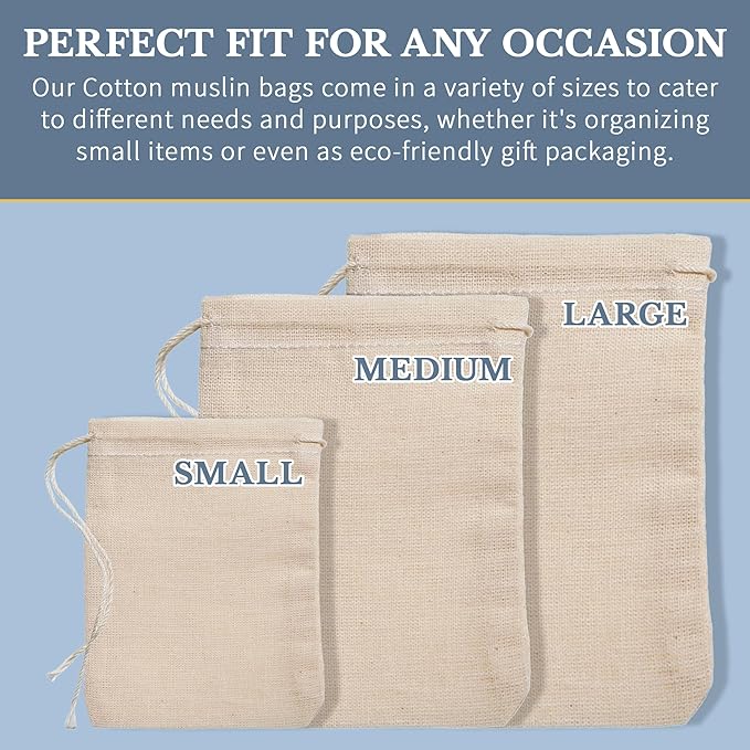Celestial Gifts Muslin Drawstring Bags - 25pcs, 3x4, Reusable for Tea, Jewelry, Spice and Cotton Gift Sachets - 100% Cotton - Made in USA - Natural Hem & Drawstring