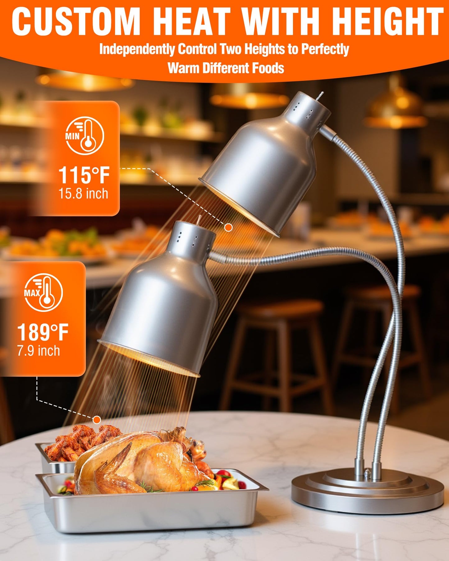 Food Heat Lamp - [3 Bulbs Included] 500W Fast-Heating 2-Head Food Warmer Light, ETL-Certified Heat Lamp for Food, Stainless Steel Heavy Base for Restaurant, Catering, Buffet (Silver)