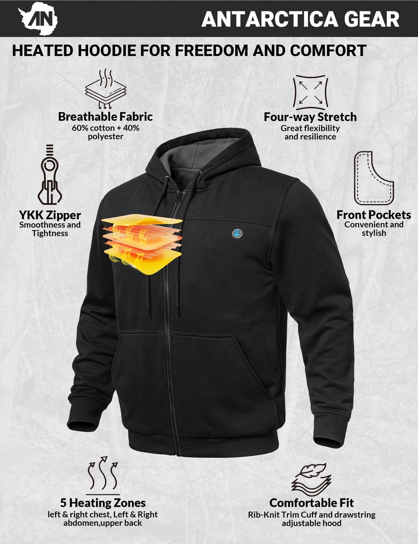 ANTARCTICA GEAR Heated Hoodie Sweater for Men Women, with 12V 15000mAh Battery Pack, Heated Sweatshirt Work Jacket