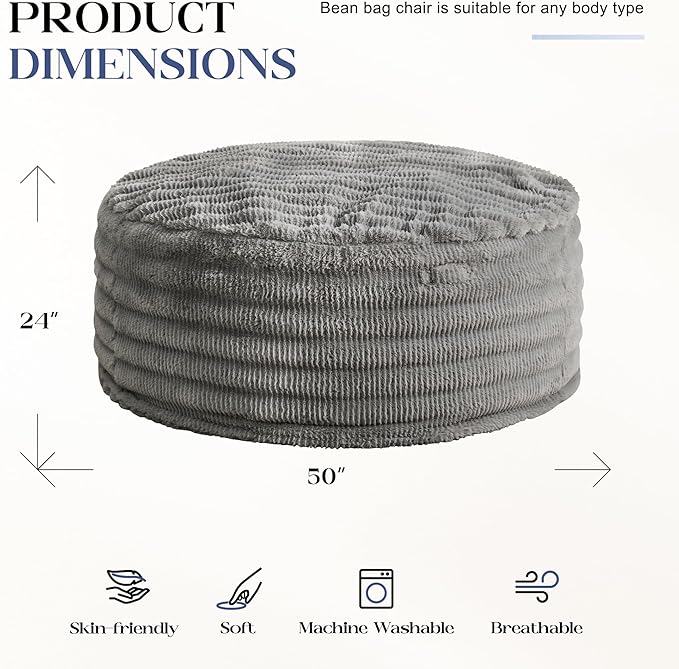 Hobestluk Bean Bag Chairs Beanbag Chair with Filler Adult Bean Bags with Fluffy Ripple Cover, Giant Bean Bag Chairs for Adults (Grey, 5FT - 50" x 50" x 24")