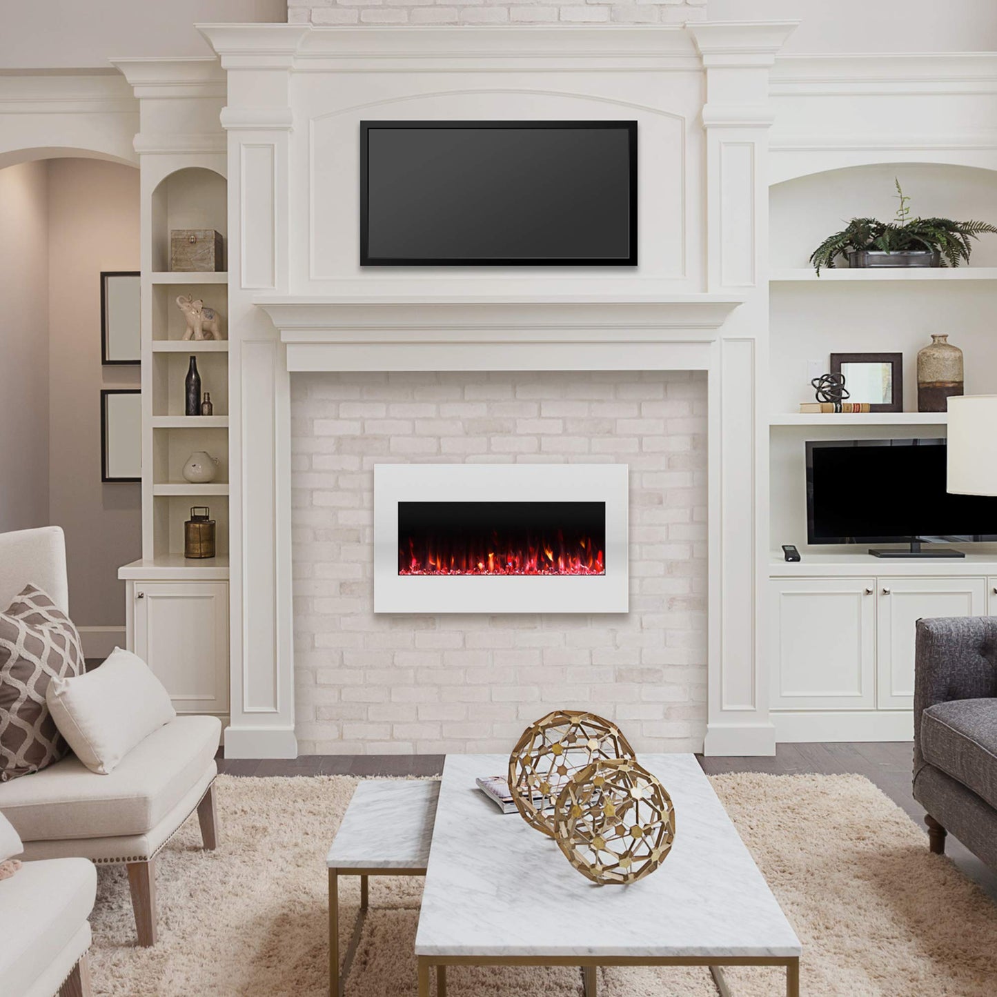 Northwest Wall Mounted Electric Fireplace Heater - 10-Color LED Flame and 3 Media Backgrounds 36-Inch Wall Mounted Fireplace with Adjustable Brightness and Remote (White)