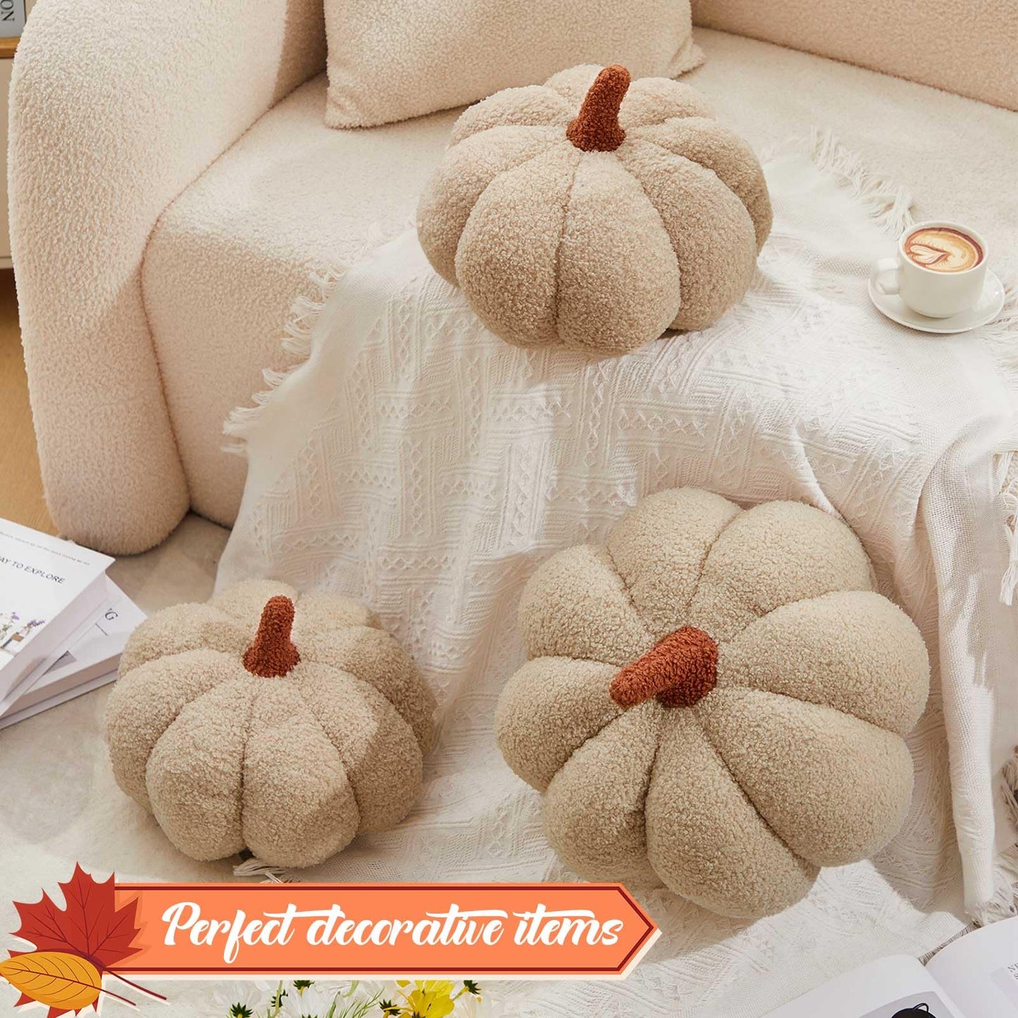 Juexica 3 Pcs Stuffed Pumpkin Pillow Fluffy Plush 3D Pumpkin Shaped Decoration Fall Thanksgiving Halloween Pillow Cushion Cute Soft Throw for Sofa Couch Supplies (Beige)