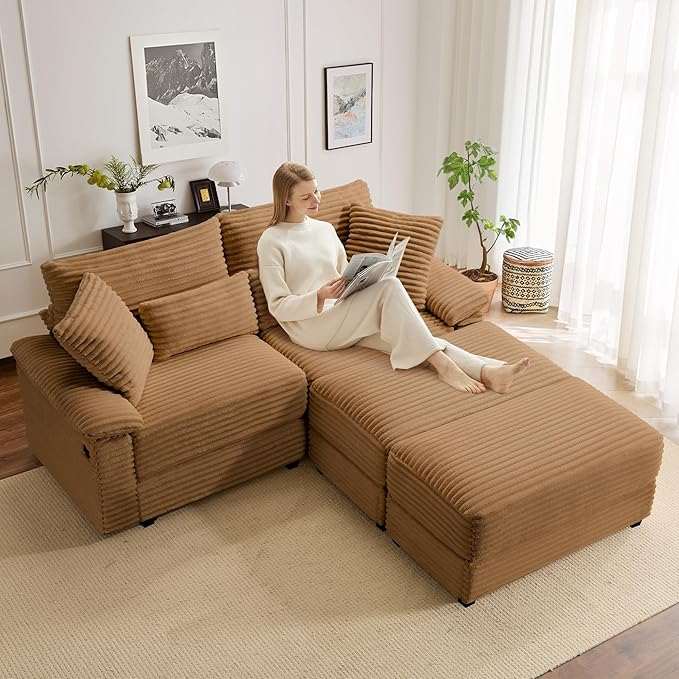 SUNWAVE 74" W Double Chaise Lounge Chair Indoor, Oversized Loveseat with Storage Ottoman, Corduroy Couch with USB Charging, Removable Ottoman, and Coffee Table Cushions for Living Room, Apartment