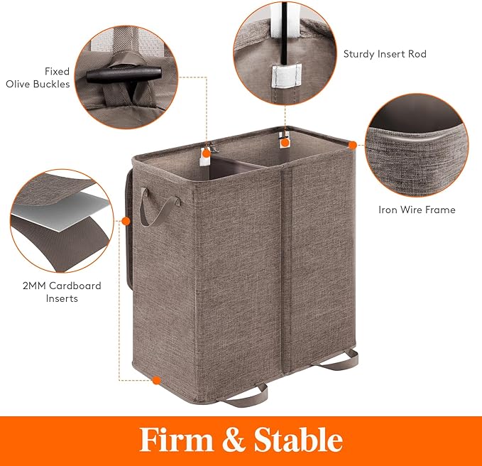 Lifewit Double Laundry Hamper with Lid and Removable Laundry Bags, Large Collapsible 2 Dividers Dirty Clothes Basket with Handles for Bedroom, Laundry Room, Closet, Bathroom, College, 136L Brown