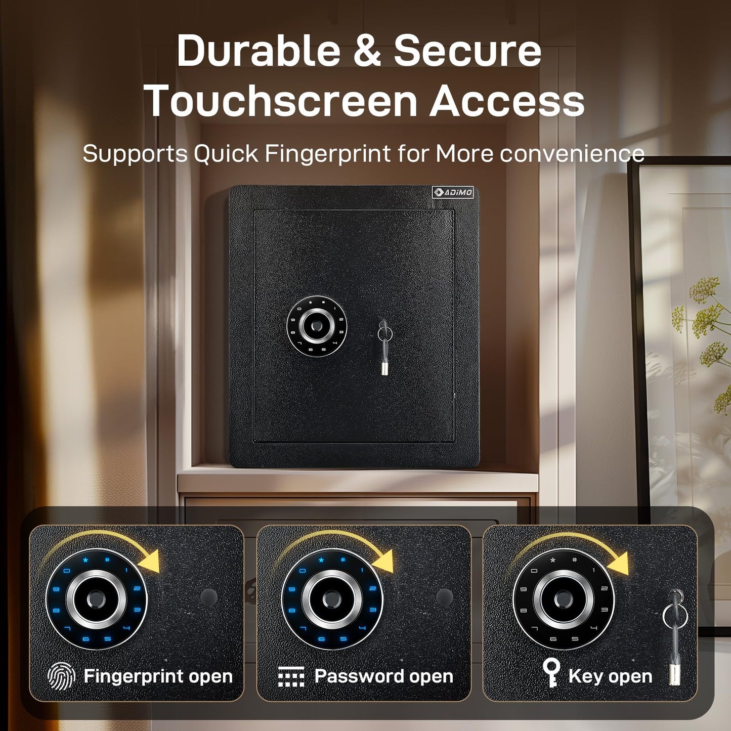 ADIMO Biometric Safe Box, Fireproof 1.6 CuFt Fingerprint Safe w/Touchscreen, Removable Shelf & Alarm System, Money Box for Secure Document & Valuables, for Home Office Hotel