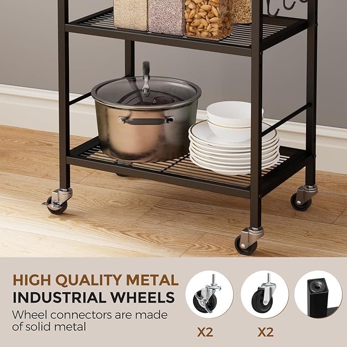 XIVIRACK 3-Tier Metal Storage Rack with Industrial Wheels,Mesh Shelving Unit with Wooden Table top,Adjustable Shelf,16.9-Inch Width,for Kitchen,Laundry,Pantry,Plant,Black