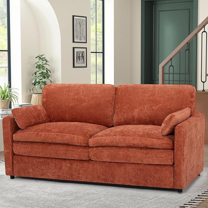 ACMEASE 69” Chenille Loveseat Sofa w/Arm Pillows, Upholstered 2-Seater Sofa w/Comfortable Back Cushions, Modern 2 Seats Couch w/High-Density Foam for Living Room, Apartment, Office, Orange