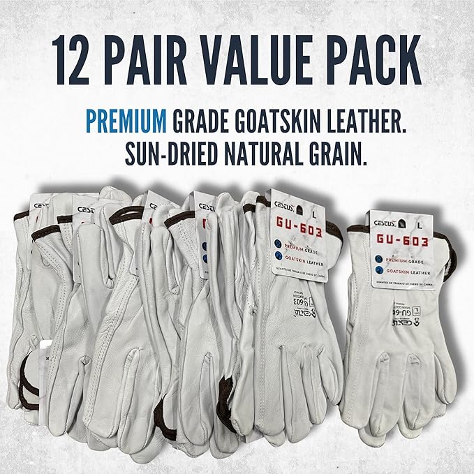 Cestus GU603, Sun-Dried Grain Leather Work Gloves (1,3,12,120) Premium Grade Goatskin, Unlined, Cut For Natural Fit