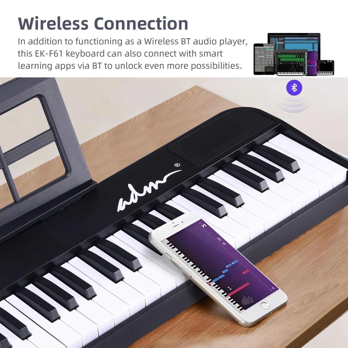 ADM 61 Key Folding Electric Piano Keyboard, Foldable Electronic Keyboard, Wireless 128 Tones, 128 Rhythms Includes Pedal, Gig Bag, Headphones for Beginners, Students, Teenagers, Adults, Black