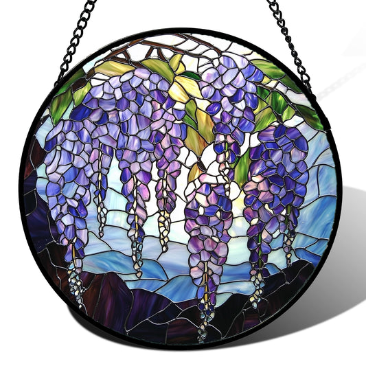 DASTOLL Stained Glass Window Hanging, Purple Wisteria Flowers Suncatcher for Doors Window Home Plant Sun Catchers Decoration Mother's Day Birthday Gifts for Women, Men, and Mom 6.3x6.3 in