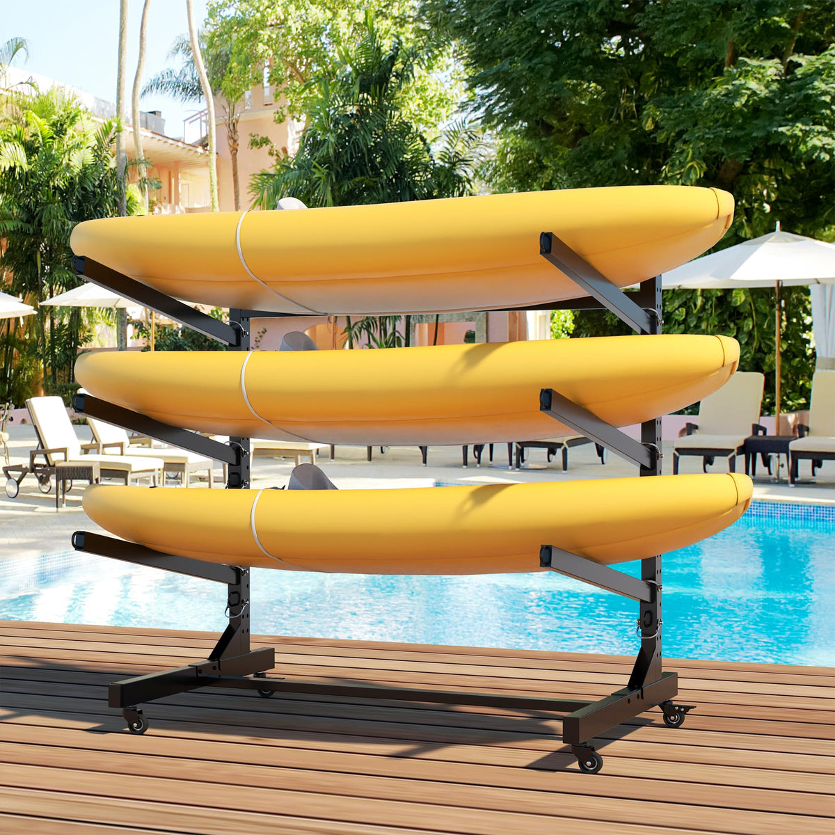 Yukimo Kayak Rack, Heavy Duty Freestanding Kayak Storage Rack with Movable Wheels, Adjustable Rust-Proof Outdoor Kayak Rack for Holds Kayaks, Canoes, SUPs & Paddleboards. (3-Level)