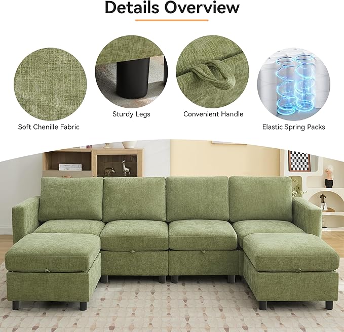 WUTUTUEE 58”Modular Sectional Loveseat Sofa with Storage, Comfy Office L Shaped Sofa Couch, Chenille Love Seat Modular Sectional Couch with Movable Ottoman for Living Room, Bedroom, Green