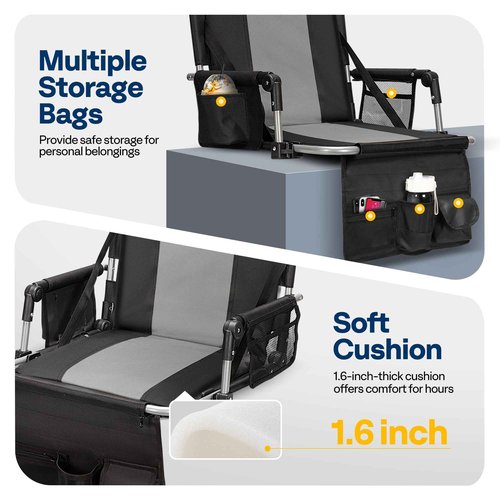 VIVOHOME Stadium Seats with Back Support and Cushion, 2 Pack Portable Bleacher Chairs with Cup Holder, Storage Bags and Shoulder Strap, Black and Gray