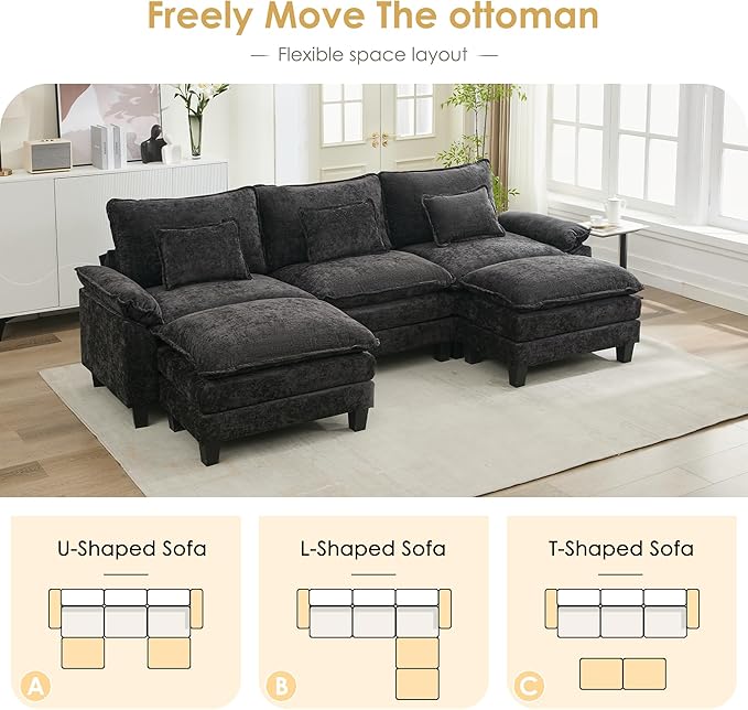 URRED Cloud Couch Modular Sectional Sofa, 122" Modern U Shaped Deep Seat Sofa with 2 Ottomans & Pillows, Ultra Comfy Chenille Couches for Living Room, Bedroom or Apartment, Black
