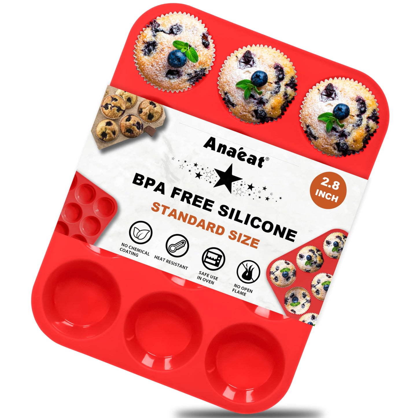 Anaeat Silicone Muffin Pan - Regular 12 Cups Cupcake Tray, Non-Stick Silicone Baking Molds for Making Muffin Cakes, Cupcake, Chocolate, Bread,Tart and Desserts, Just Pop Out