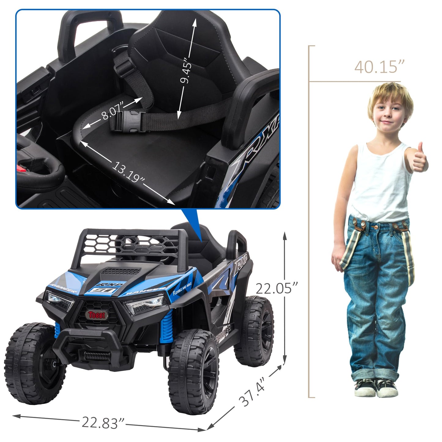 TOBBI 12V Kids Ride on Car, Electric Off-Road UTV Truck with Forward and Reverse Functions, Double Open Doors, Safety Belt, Horn, Music, and Lights for Kids Aged 3-5 Years (Blue)