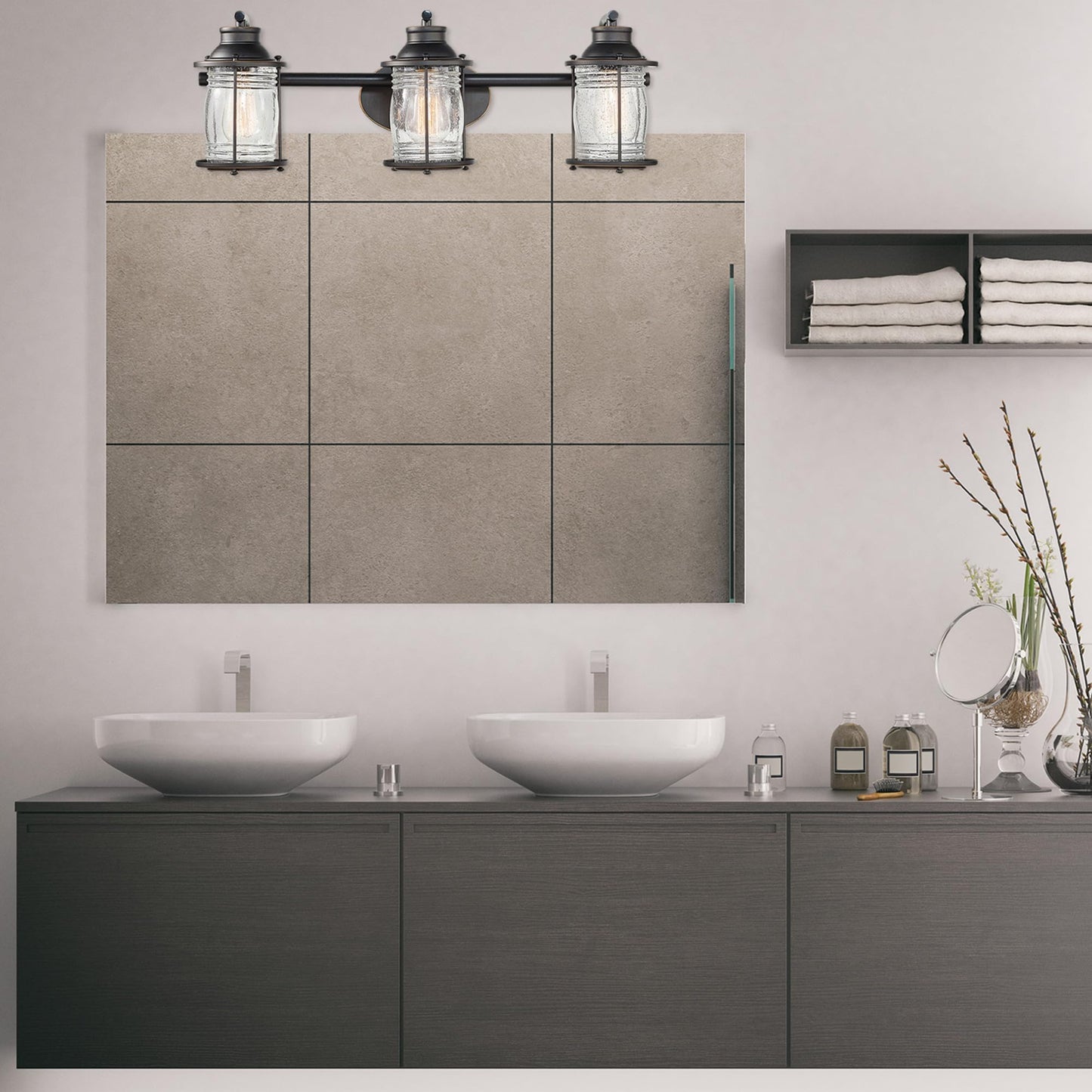 Globe Electric 51549 5-Piece All-in-One Bathroom Set, Oil Rubbed Bronze, 3-Light Vanity Wall Light with Ribbed Seeded Glass Shades, Towel Bar and Ring, Robe Hook, Toilet Paper Holder