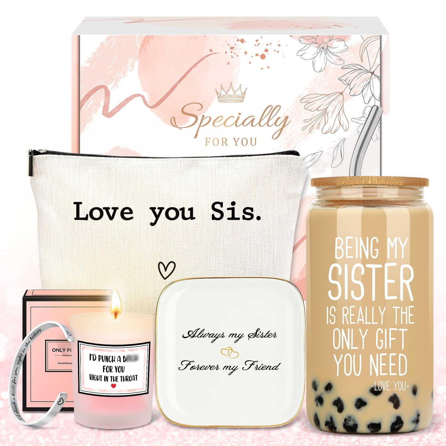 Sister Gifts from Sisters Birthday Gifts for Sisters Adult Best Sister Ever Gift Ideas for Women Cool Presents Set with Funny Glass Cup, Unique Makeup Bag, Scented Candle, Bracelet, Jewelry Tray