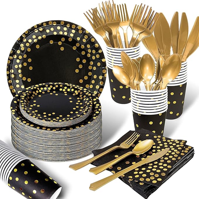 AIRE 175PCS Black and Gold Paper Plates Party Supplies for 25 Guests Disposable Party Decorations Dinnerware Golden Dot Bl...