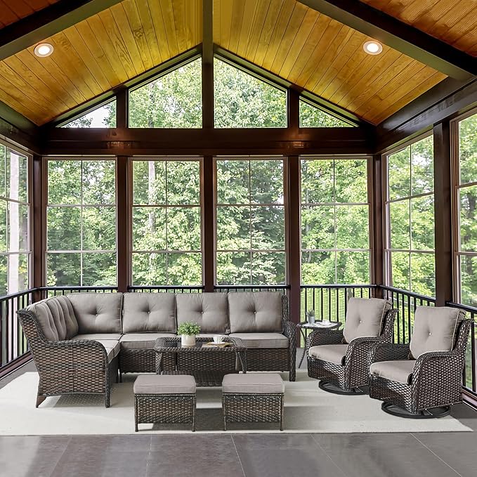 Belord Outdoor Furniture Sectional Sofa L Shaped Couch - Patio Wicker Set with 2 Swivel Glider Chairs, 8 Piece Rattan Patio Conversation Sets with Gray Cushion for Deck Backyard Sunroom Grey Cushion