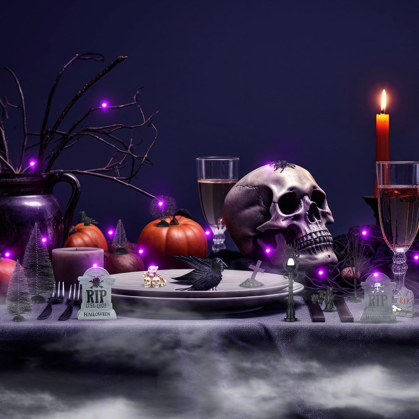 Zeyune 33 Pcs Halloween Village Accessories Set Miniature Halloween Figurines Bare Branches Bottle Brush Trees Tombstones Spiders Resin Horror Village Collections for Town Decorations
