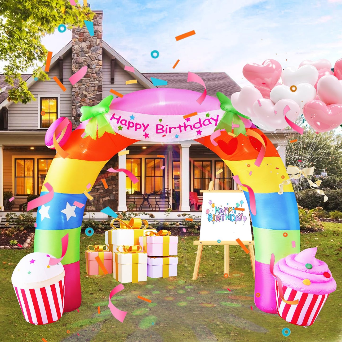HZGDEJTG 11FT Birthday Arch Birthday Party Outdoor Inflatable Decoration, Outdoor Inflatable Decoration with LED Lights, Birthday Inflatable Decoration for Garden, Patio, Lawn