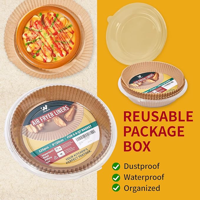 40GSM Air Fryer Paper Liners, 125Pcs 8 inch Disposable Parchment Paper for 5-8 qt Basket Air Fryer, Non-Stick Oil-Proof Heat Resistant Food Grade for Cooking, Roasting & Frying, Round 8"
