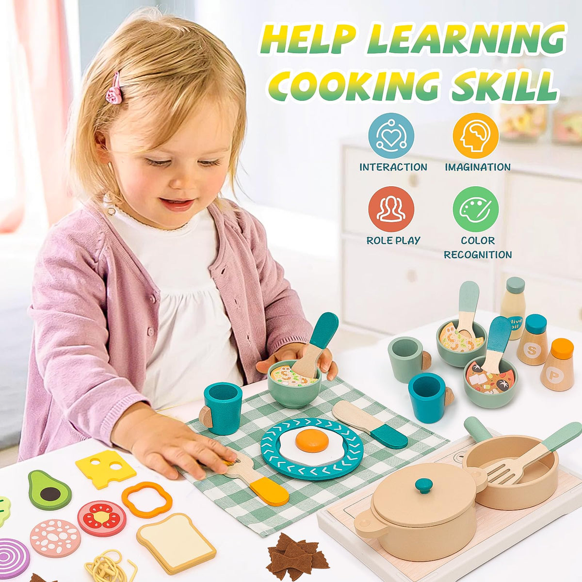 HAPGFS Wooden Play Cooking Set, Kids Pretend Play Kitchen Accessories Toys Set, Includes Play Plates, Pots, Bowls, Pans, Cutlery, Includes Fake Food, Gift for 3 4 5 Years Old Girls Boys for Birthday